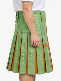 Light Green and orange pleated kilt worn by a person on a white background