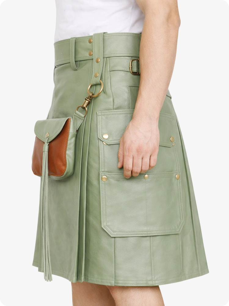 Light Green utility skirt with pockets and a brown leather pouch