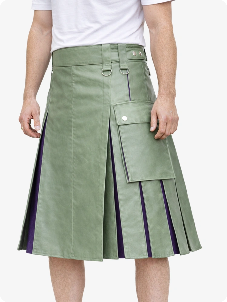 Light Green kilt with purple accents worn by a person on a white background
