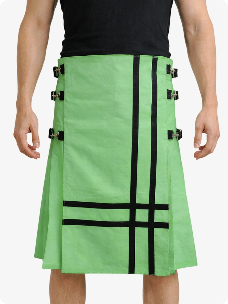 Light Green Leather Utility Kilt with Side Buckles & Pleated Back