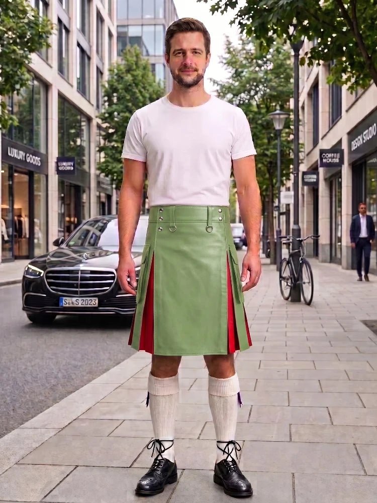 A man stands on a city sidewalk wearing a light green kilt with red side panels, a white t-shirt, white knee-high socks, and black shoes. Buildings, trees, a parked black car, and a bicycle are visible in the background.