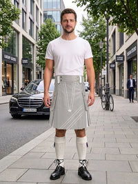 Light Grey And White Leather Hybrid Utility Kilt Front