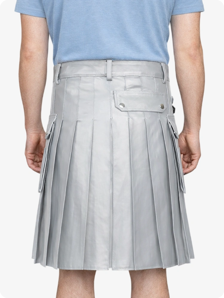 Light Grey Genuine Leather Utility Kilt with Side Pockets