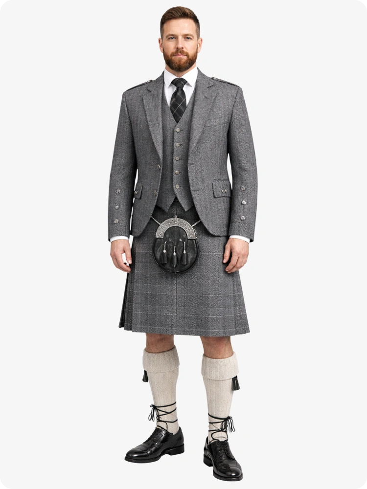 Light Grey Herringbone Tweed Kilt with Light Grey Herringbone Tweed Argyle Jacket Outfit