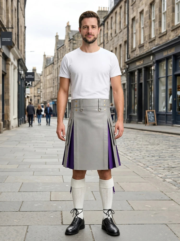 Light Grey Leather Kilt With Purple Pleats Front Side