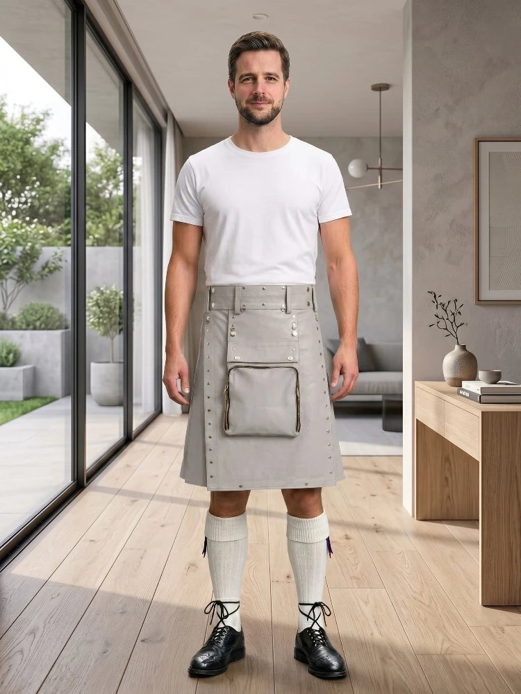 Light Grey Leather Utility Kilt Front Side
