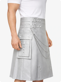 Light Grey Leather Utility Kilt with Chain Detailing & Adjustable Straps