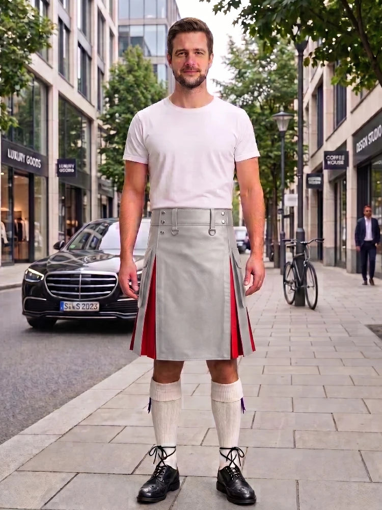 Light Grey With Red Cowhide Leather Hybrid Utility Kilt