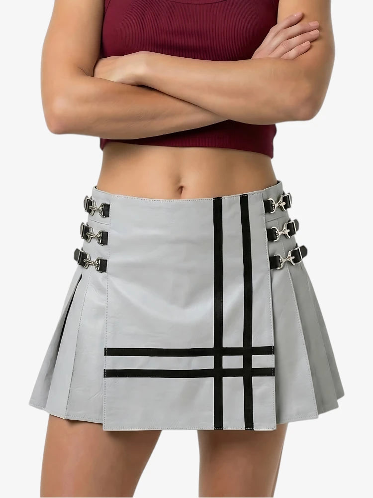 Light Grey Women Leather Utility Kilt