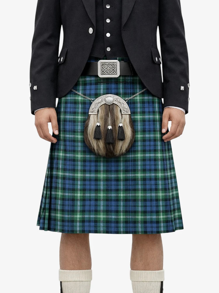 Person wearing a traditional Scottish kilt with a sporran on a white background