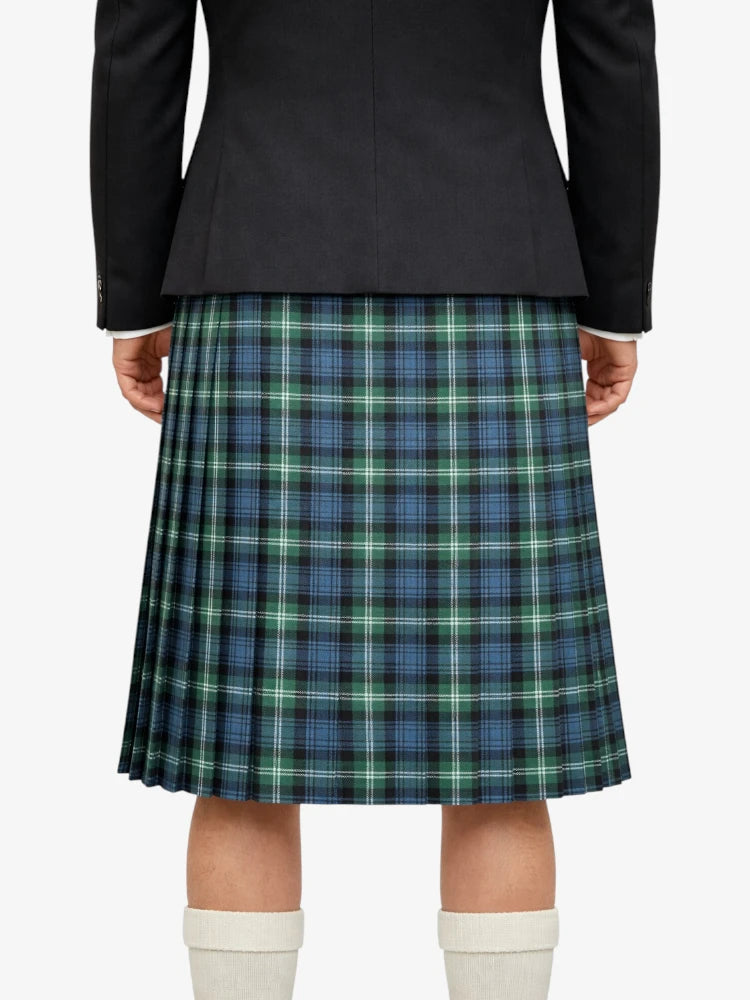 Person wearing a black jacket and plaid kilt on a white background