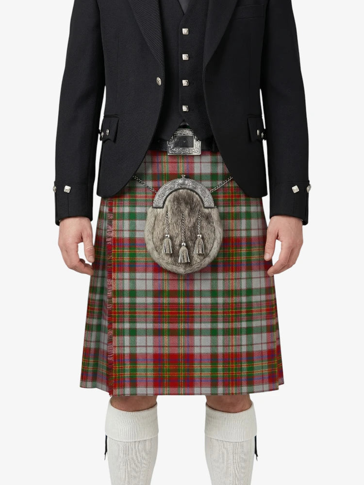 Person wearing a traditional Scottish kilt with a tartan pattern on a white background