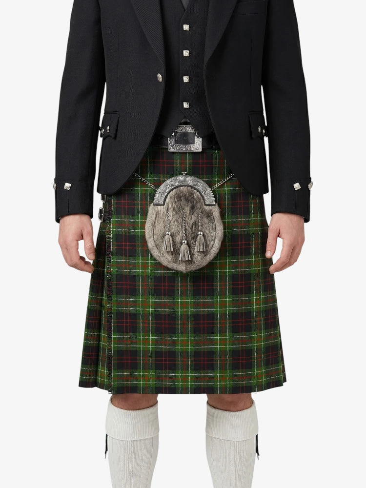 Traditional Scottish kilt with a tartan pattern worn by a person on a white background