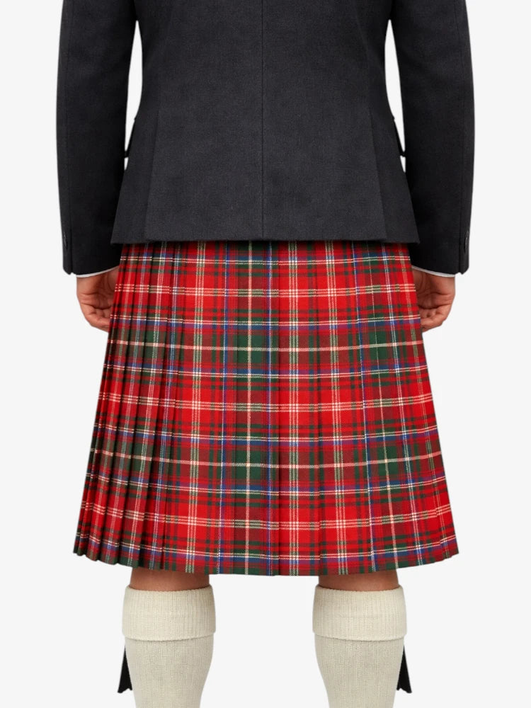 Person wearing a black jacket and red plaid kilt on a white background