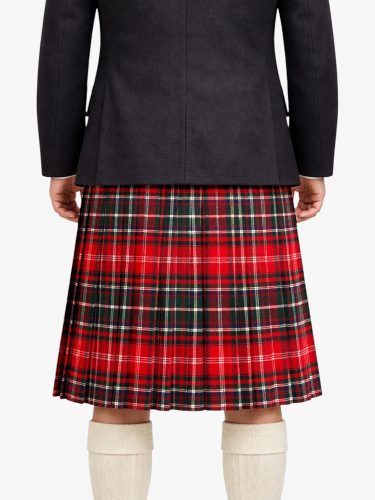 Person wearing a black jacket and red plaid kilt on a white background