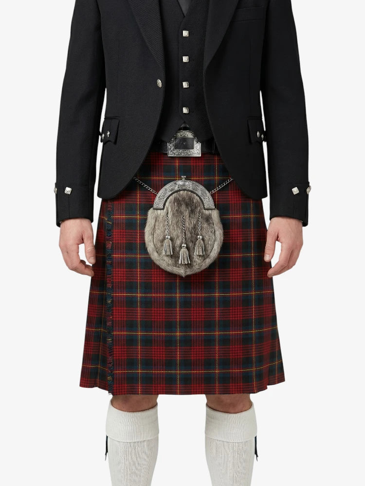 Person wearing a traditional Scottish kilt with a black jacket and white socks on a white background