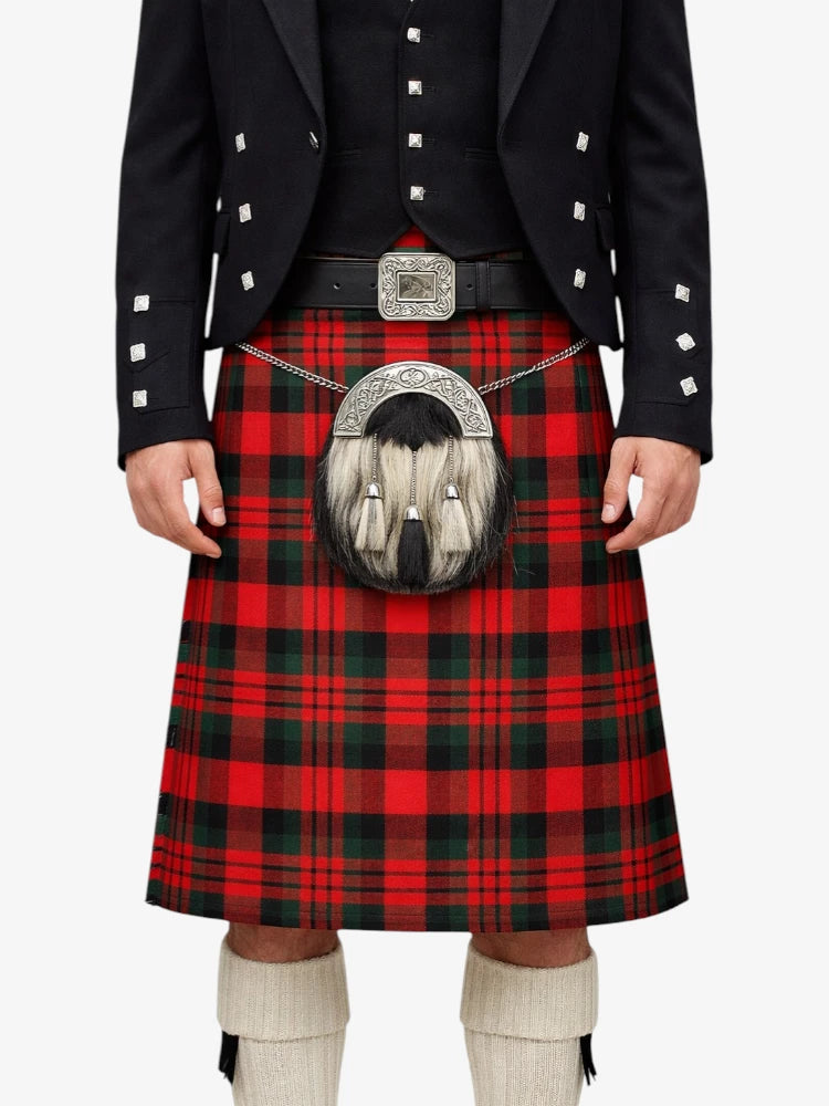 Person wearing a red tartan kilt with a black jacket on a white background