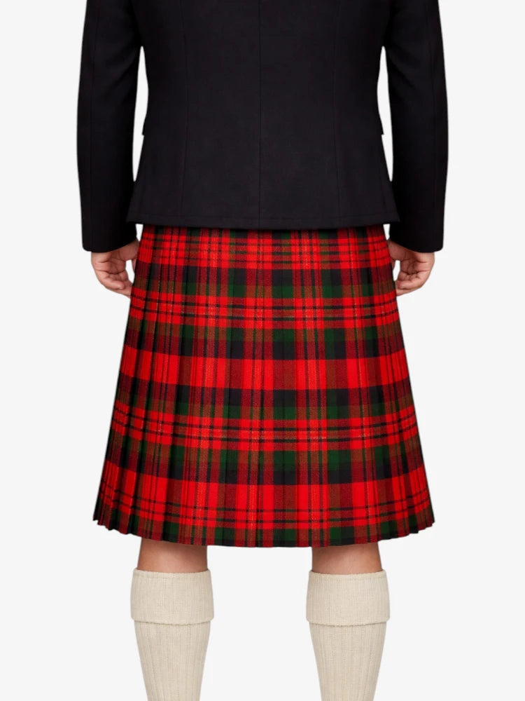 Person wearing a red plaid kilt with a black jacket on a white background