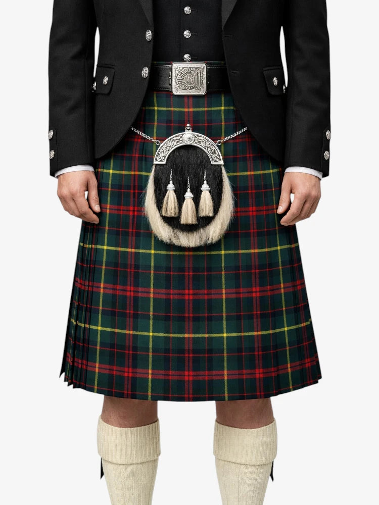 Person wearing a traditional Scottish kilt with a tartan pattern on a white background