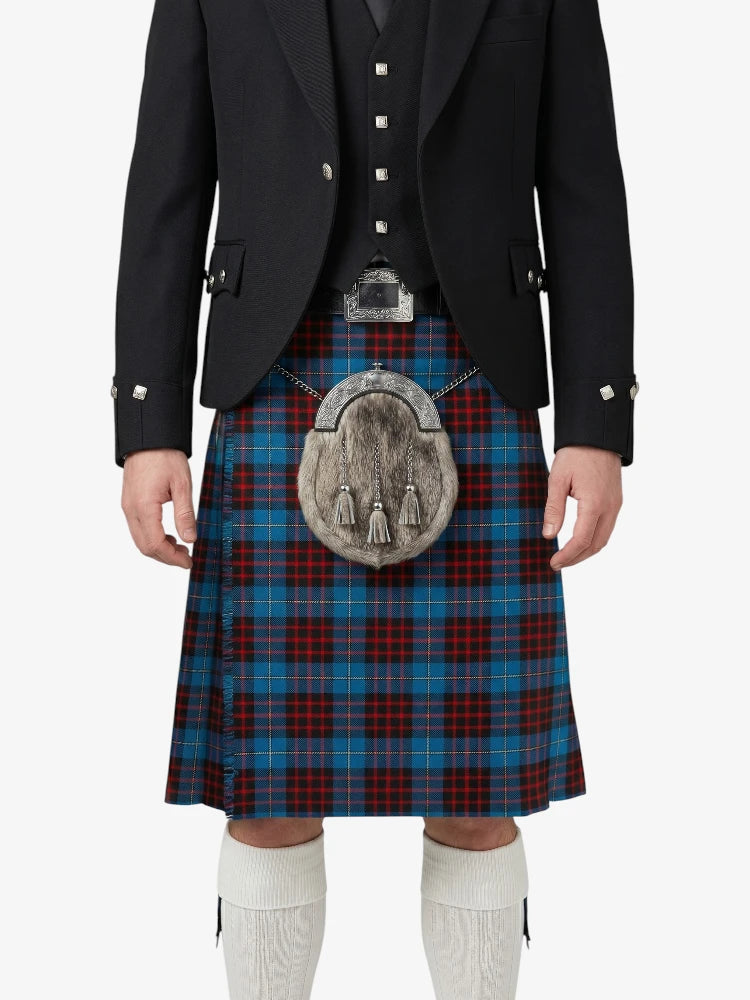Person wearing a traditional Scottish kilt with a patterned sporran on a white background