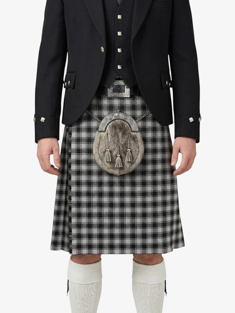 Person wearing a traditional Scottish kilt with a visible sporran on a white background
