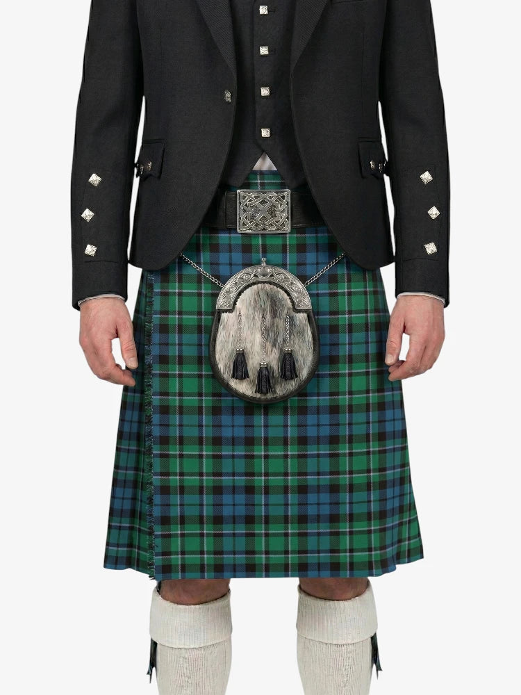 Person wearing a traditional Scottish kilt with a tartan pattern on a white background