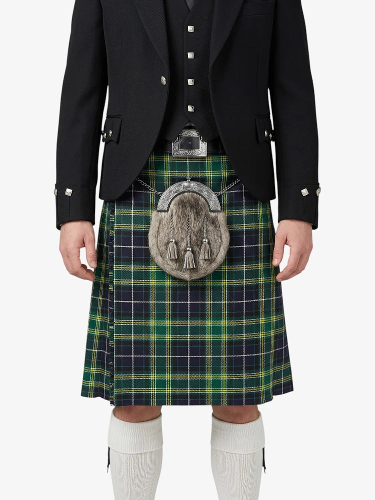 Person wearing a traditional Scottish kilt with a tartan pattern on a white background