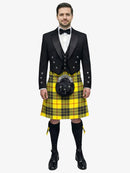Man wearing a black prince charlie jacket with a macleod of lewis tartan kilt on a white background