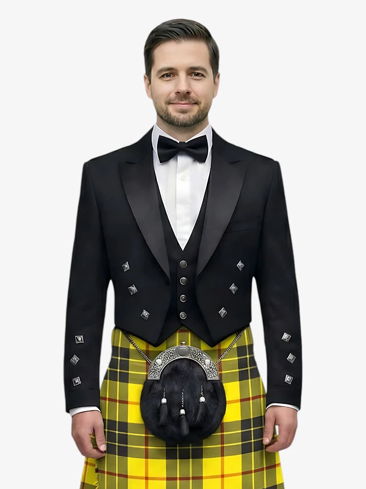 Man wearing a black prince charlie jacket with a macleod of lewis tartan plaid kilt on a white background