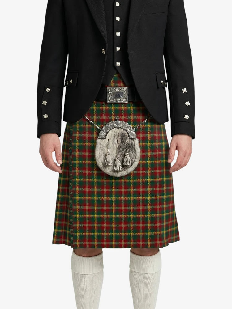 Person wearing a black jacket and red plaid kilt with a silver emblem on a white background