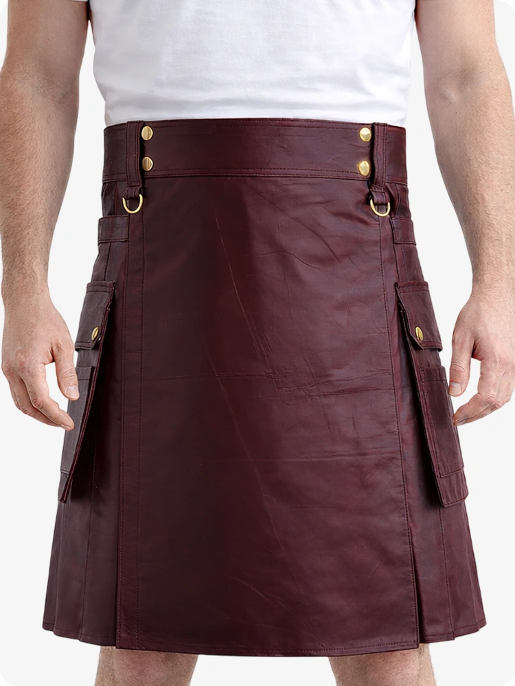 Maroon Genuine Leather Utility Kilt with Cargo Pockets & D-Rings