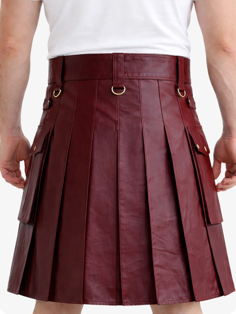 Maroon Genuine Leather Utility Kilt with Cargo Pockets & D-Rings