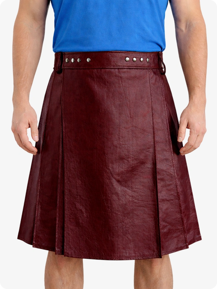 Maroon Genuine Leather Utility Kilt with Studded Waistband