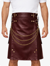 Maroon Leather Utility Kilt with Chain Detailing & Adjustable Straps