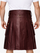 Maroon pleated kilt worn by a person on a white background