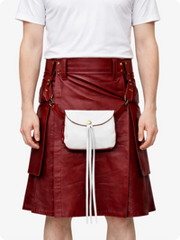 Maroon leather kilt with a white pouch on a plain background