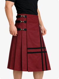 Maroon skirt with black accents and buckles on a white background