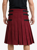 Maroon pleated kilt with black straps on a white background