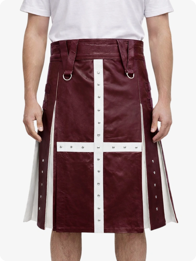 Maroon Leather Utility Kilt with White Cross Panel & Metal Rivet Detailing