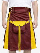 Maroon Leather Utility Kilt with Yellow Accents & Detachable Pockets