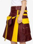Maroon Leather Utility Kilt with Yellow Accents & Detachable Pockets