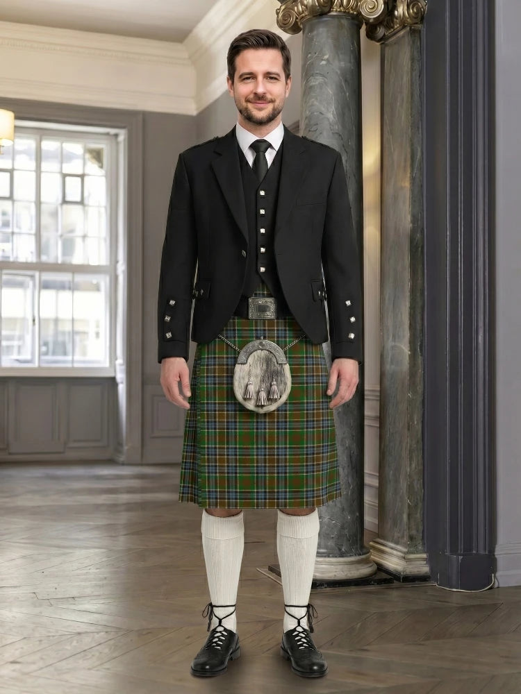 Man wearing a traditional Scottish kilt in an elegant interior setting