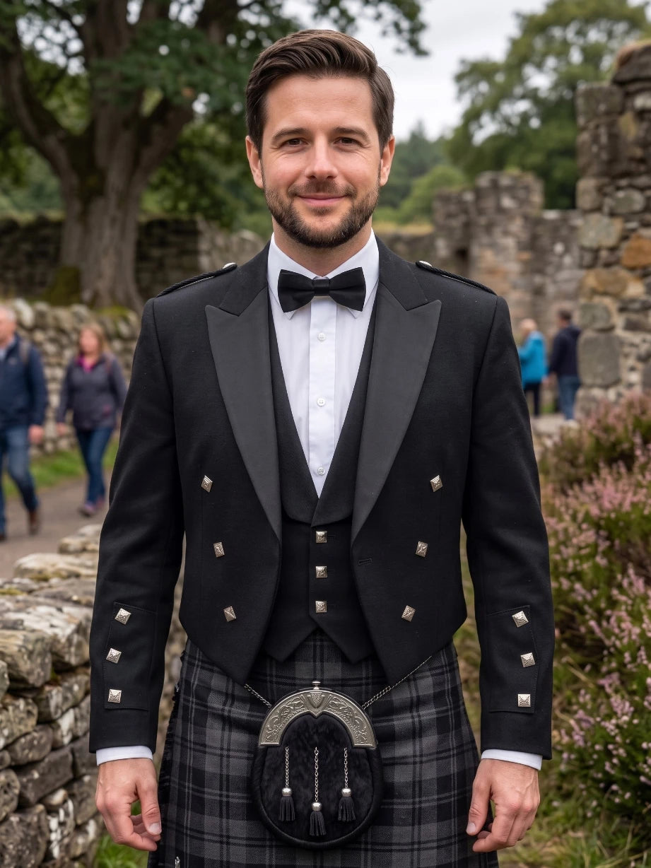 Black Prince Charlie Kilt Jacket with Satin Lapels & Silver Square Buttons