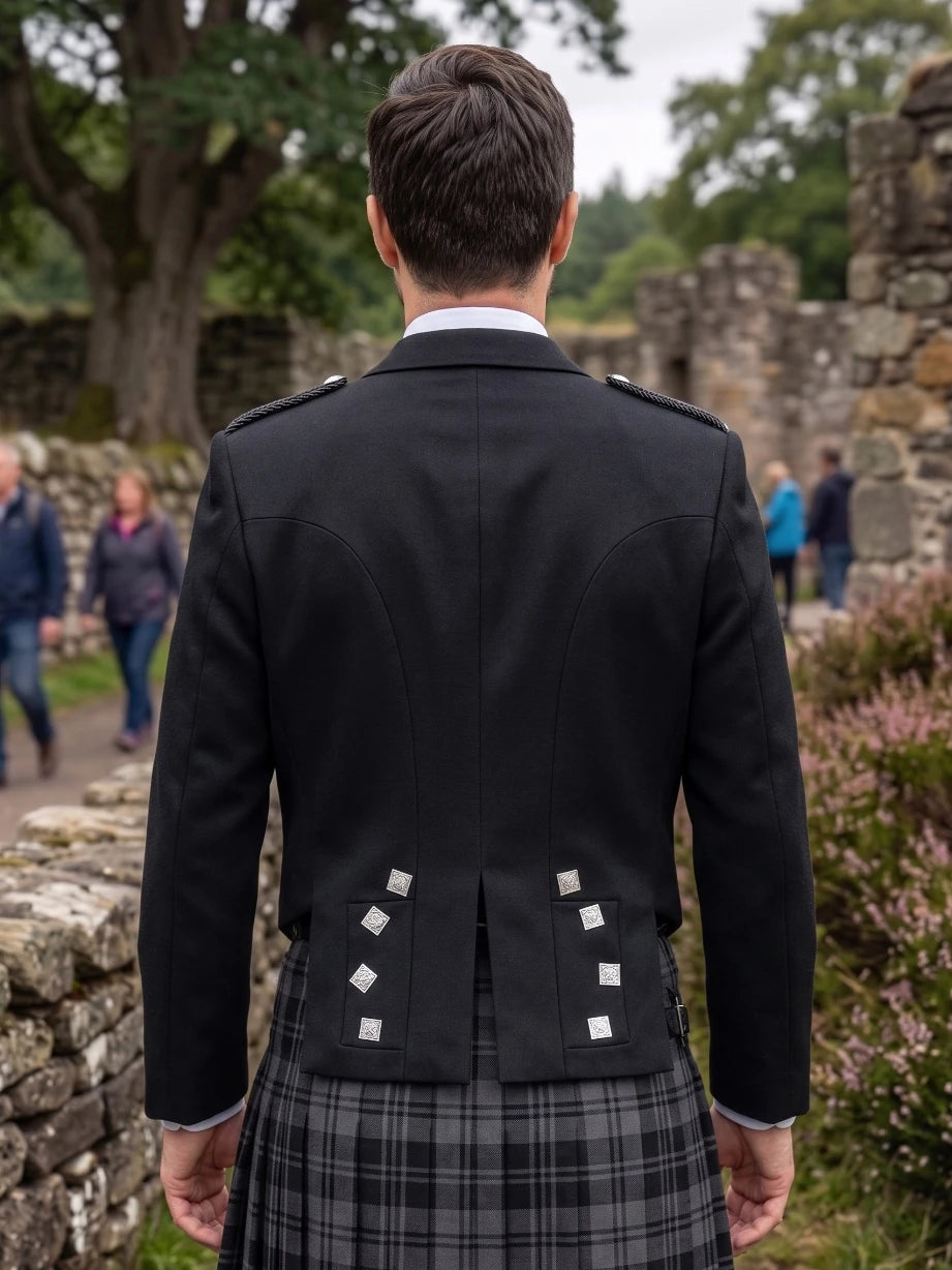 Black Prince Charlie Kilt Jacket with Satin Lapels & Silver Square Buttons