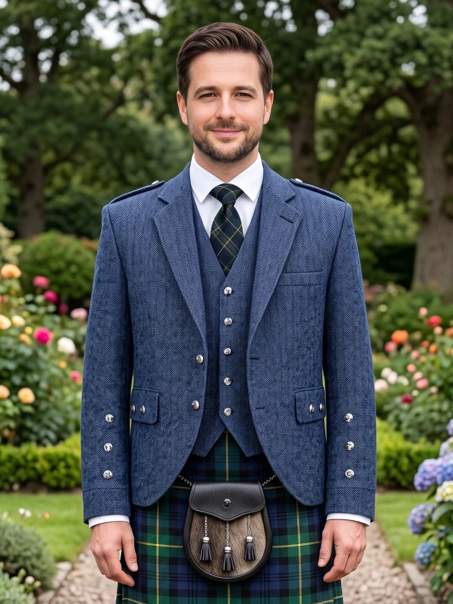 Blue Tweed Argyle Kilt Jacket With Vest