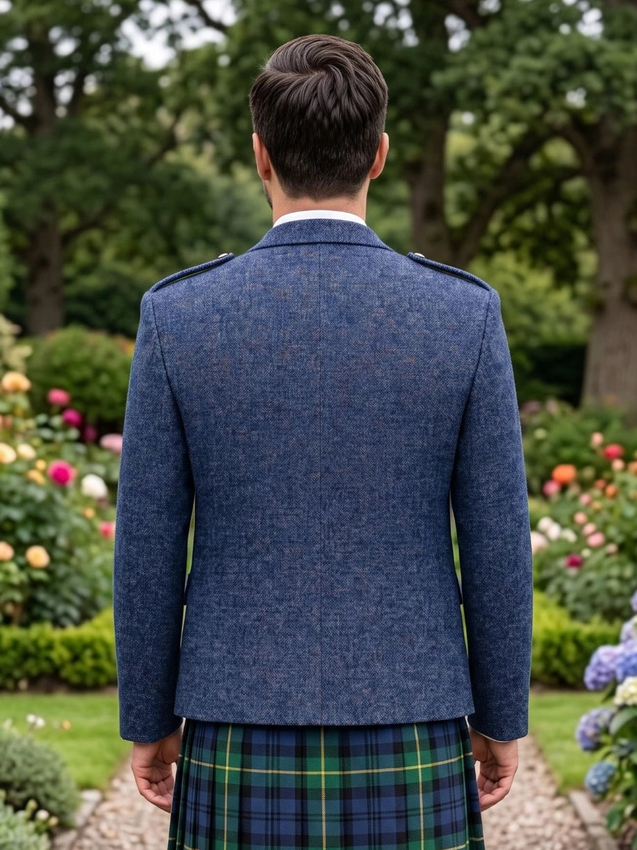 Blue Tweed Argyle Kilt Jacket With Vest