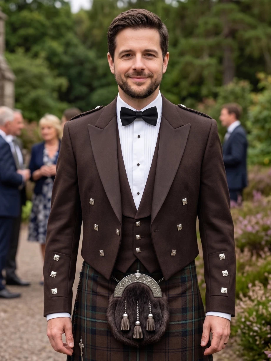 Brown Prince Charlie Kilt Jacket with Satin Lapels & Silver Square Buttons