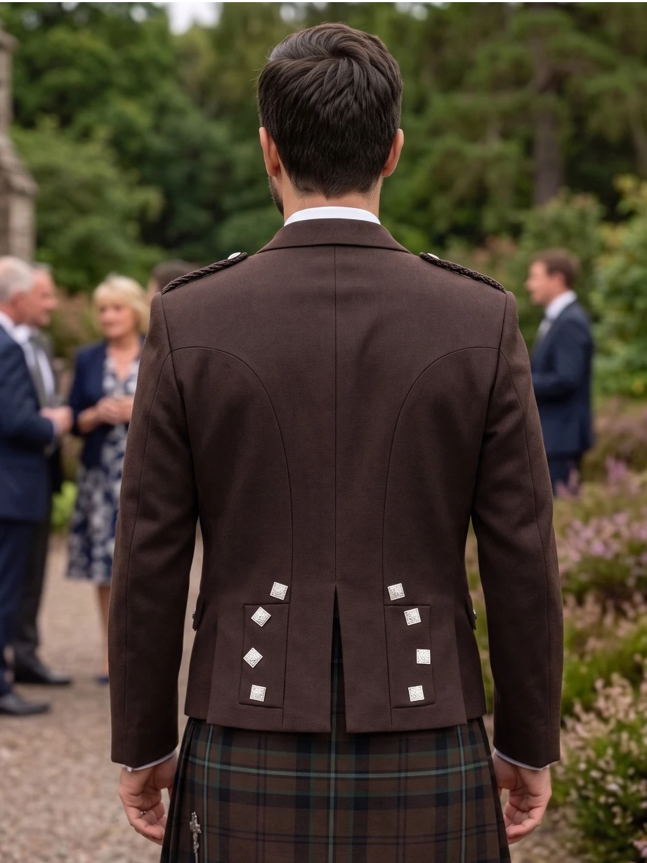 Brown Prince Charlie Kilt Jacket with Satin Lapels & Silver Square Buttons