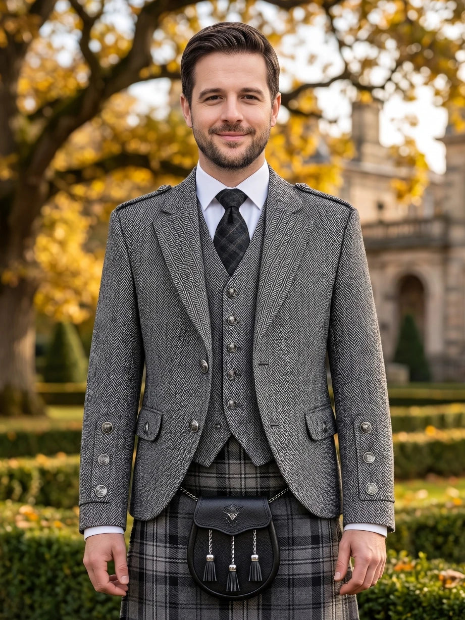 Casual Light Grey Tweed Argyle Kilt Jacket With Vest