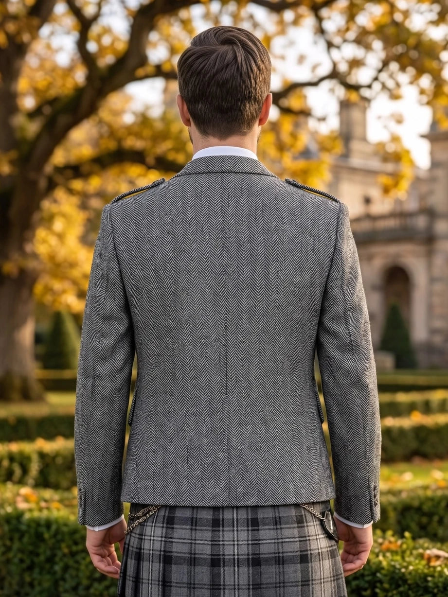 Casual Light Grey Tweed Argyle Kilt Jacket With Vest
